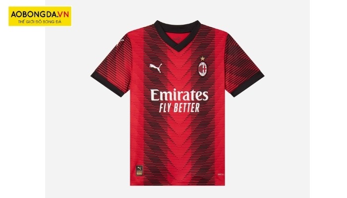Mẫu áo đá banh AC Milan sân nhà 2023 có viền cổ và tay áo màu đen