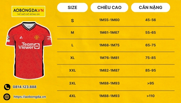 Bảng size áo đá banh Việt Nam chuẩn form tại AOBONGDA.VN